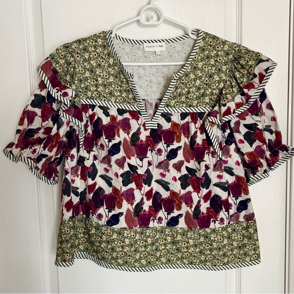 entro Tops - Entro Mixed Floral Stripe Patchwork Ruffle Blouse in Plum/Olive